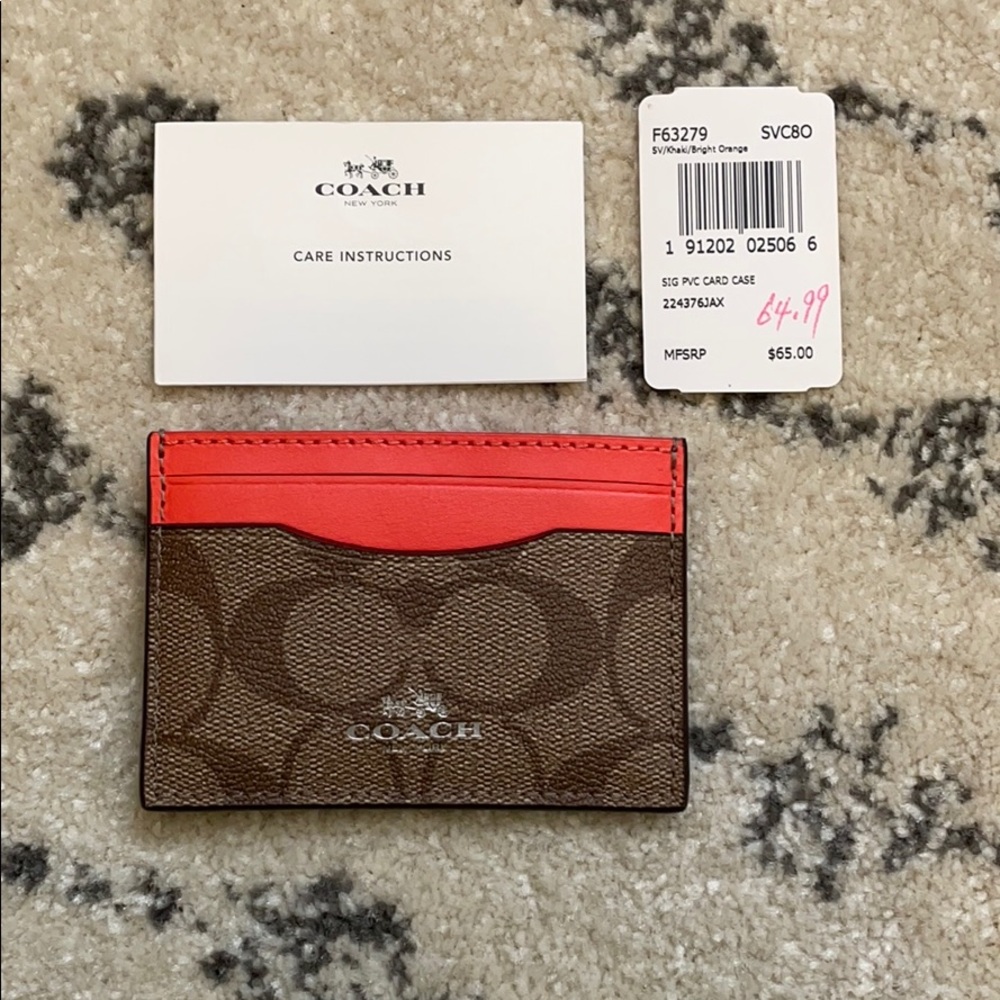 COACH card case, bright orange leather color block